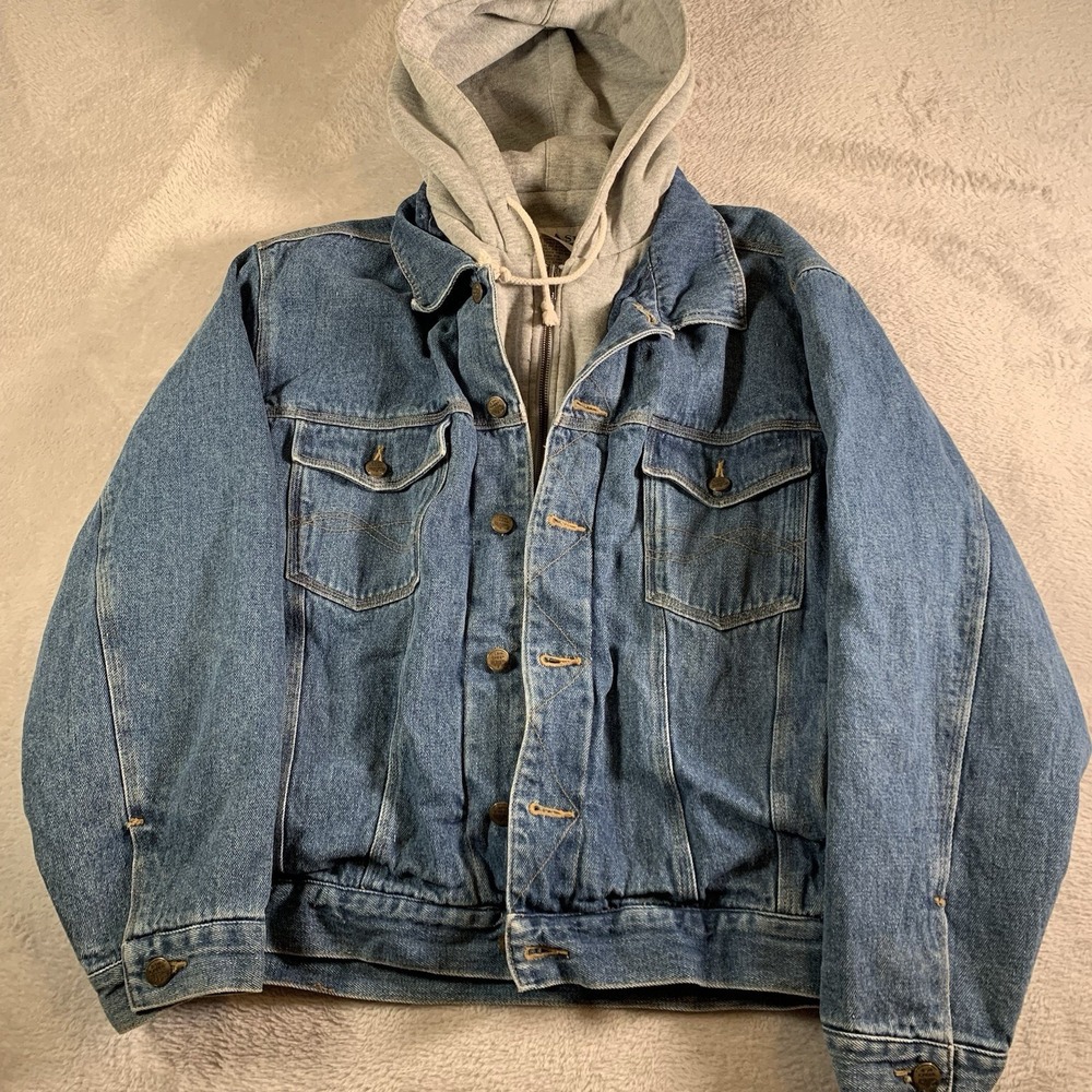 VTG Ash Creek Trading Blue Denim Jean Jacket Gray Zipper Hoodie Heavy Lined M‎